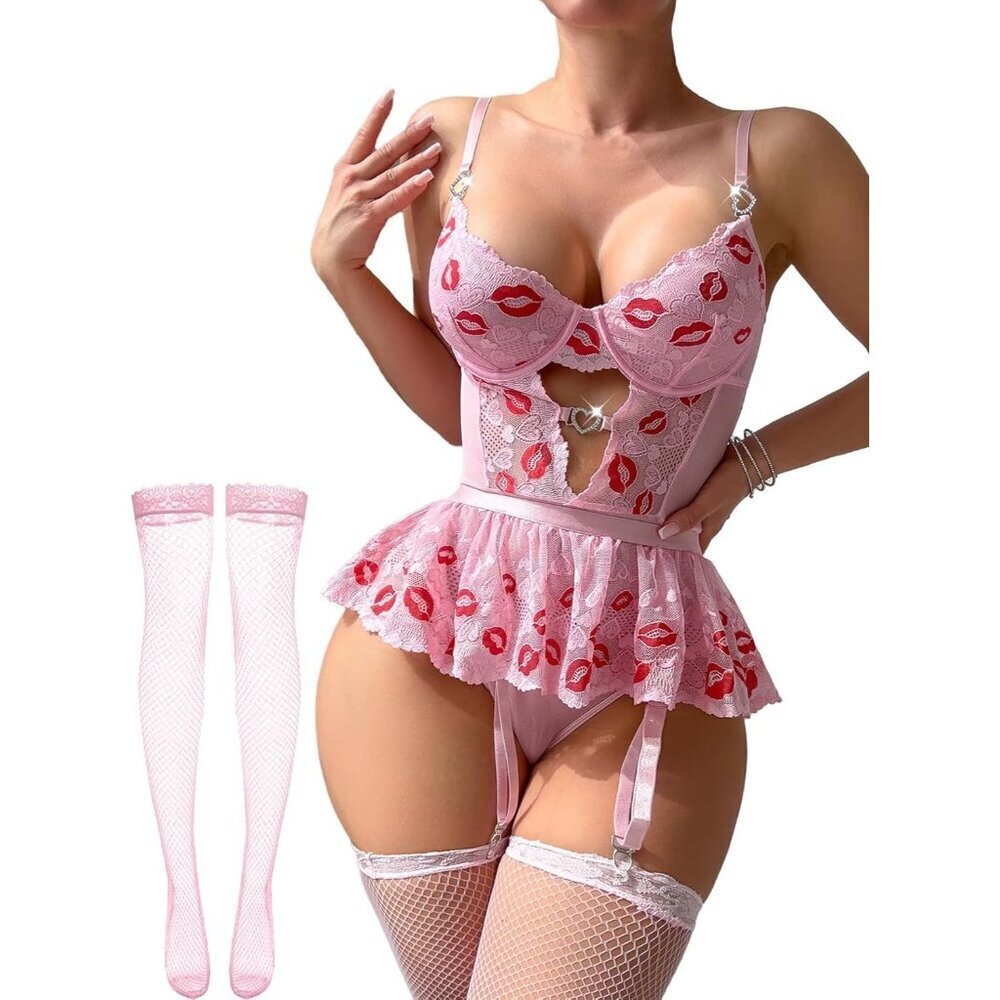 Women's Pink Lip Print Lace Bodysuit Underwire Babydoll Lingerie Set Garter Belt